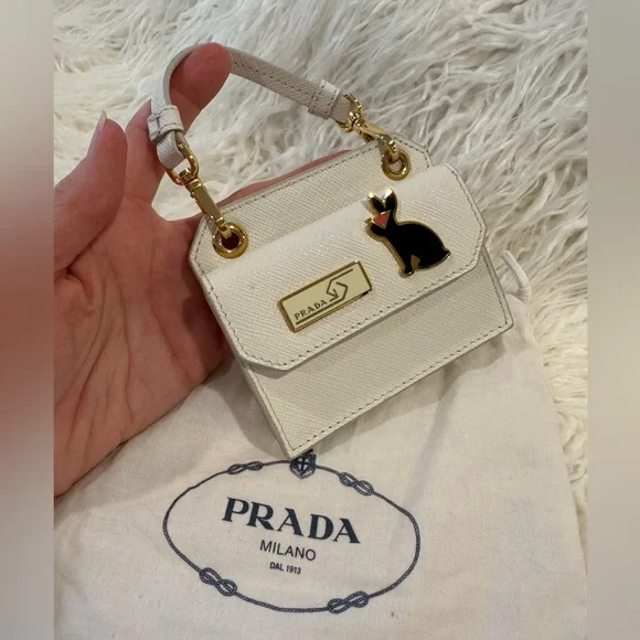 Prada White Mini Bag Saffiano Leather Rabbit Charm AUTHENTIC - Picture 2 of 4